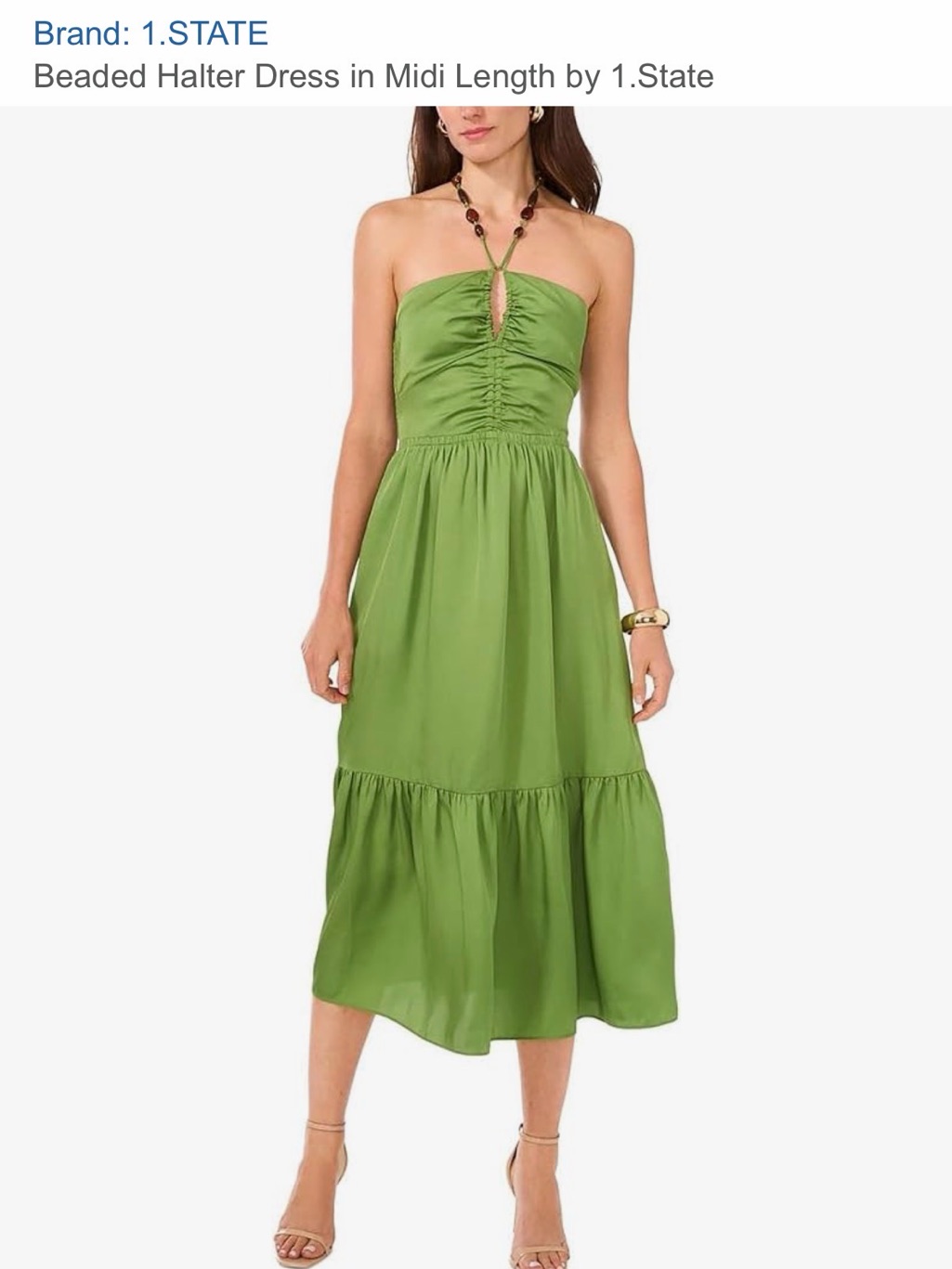 Nwt 1.State Beaded Halter Midi Dress Salted Lime Green Ruched Smocked Size 12